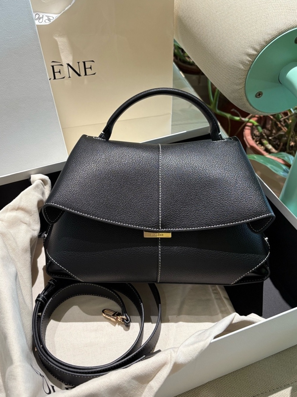 Polene Black Pebbled Leather Top-Handle Satchel